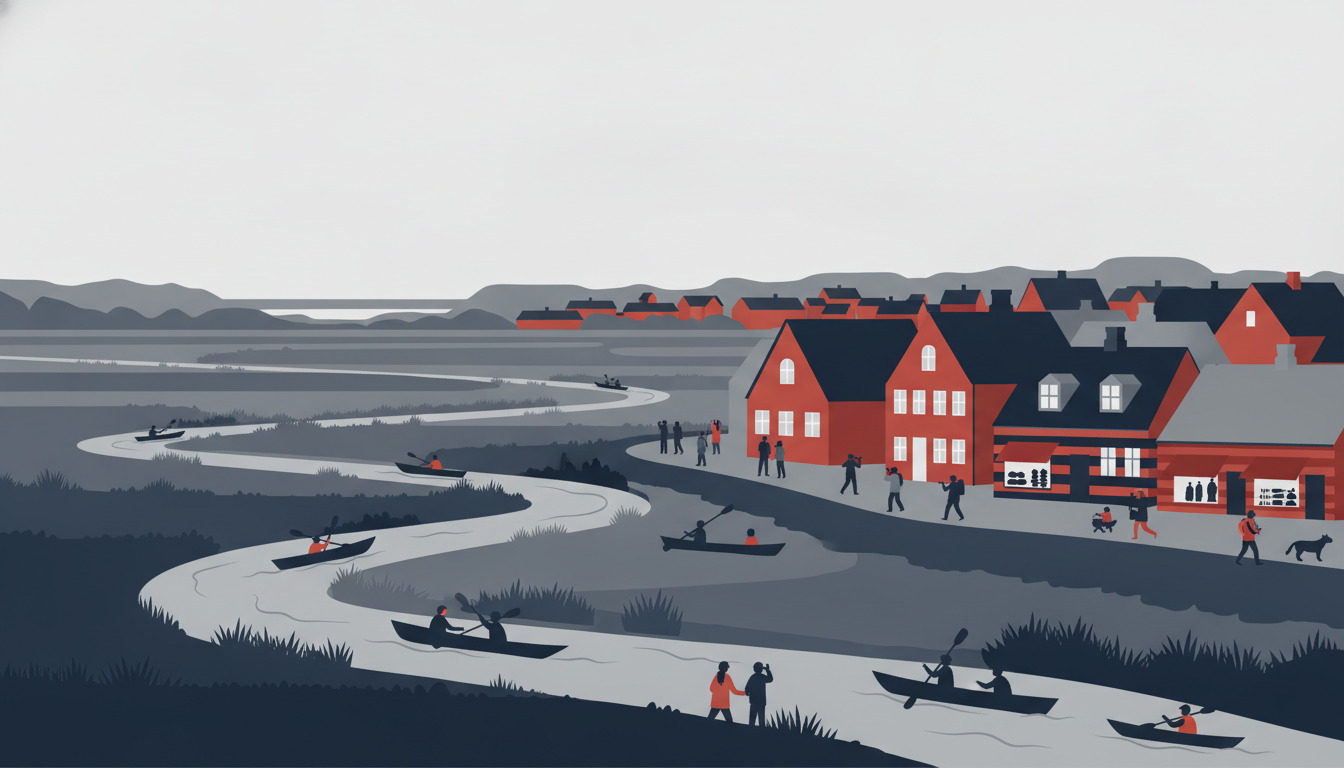 Fladvektor-illustration af Skjern Å vådeland: snoet å gennem grå sumpe med sivslåer, både og kajakker, røddækkede danske bygninger, besøgende til fods, bjerge og fjord i det fjerne.