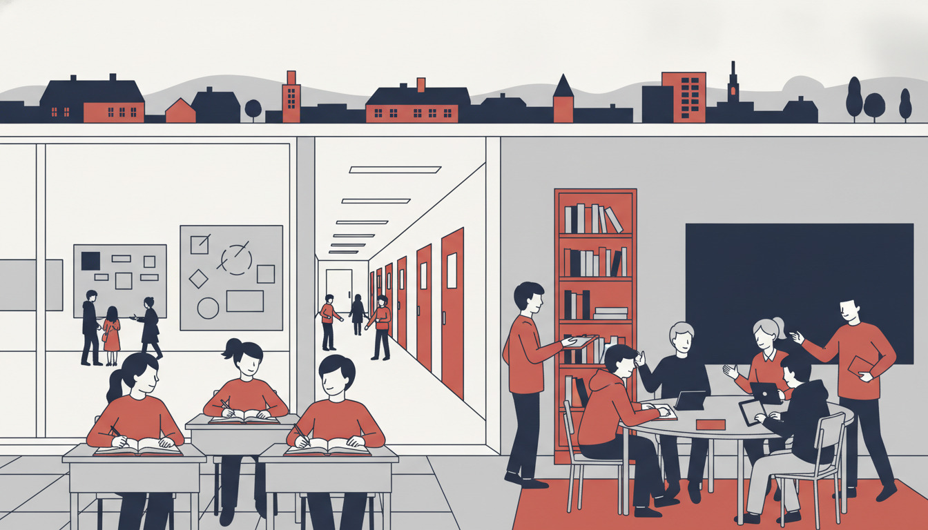 En dansk skoleklassescene med elever af forskellig alder, der læser, skriver og samarbejder ved borde og ved hylder med bøger i en lys gang med klasseværelsesdøre.
