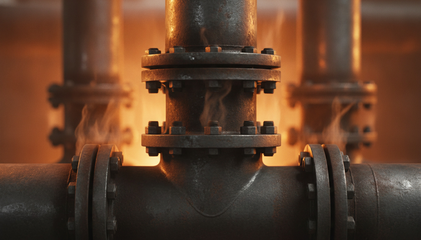 Tæt billede af industrielle varmerør med rust og bolte, varmt orange lys skinner på metaloverfladen.