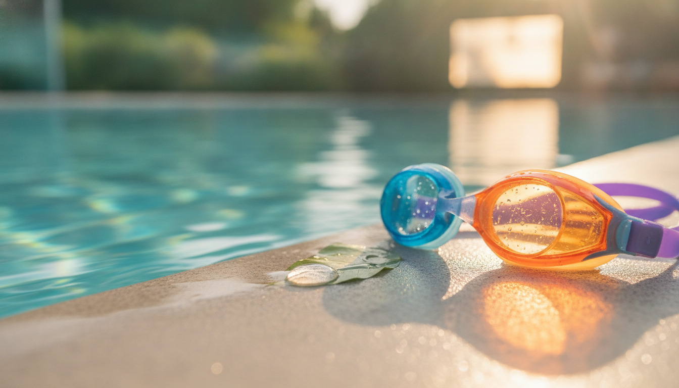 Farvede svømmebriller og vanddråber på poolkanten med svømmebassinet uskarp i baggrunden.