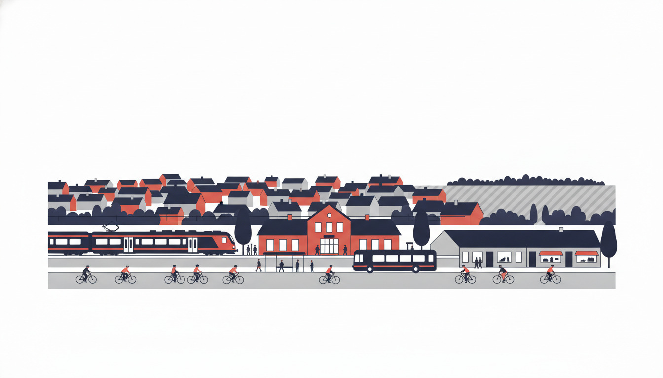 Fladt vektorillustration af Espergærde Station som dansk kystlig transportknudepunkt, med et rødt-og-hvidt Kystbanen tog på perronnen, en bus, cyklister og boligtagskulisser i blød baggrund.