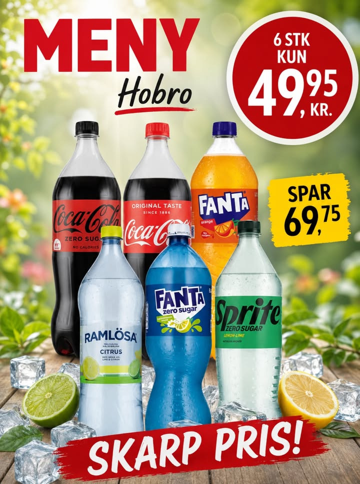 MENY Hobro tilbyder 6 valgfrie sodavand på 1,5 liter til 49,95 kr.