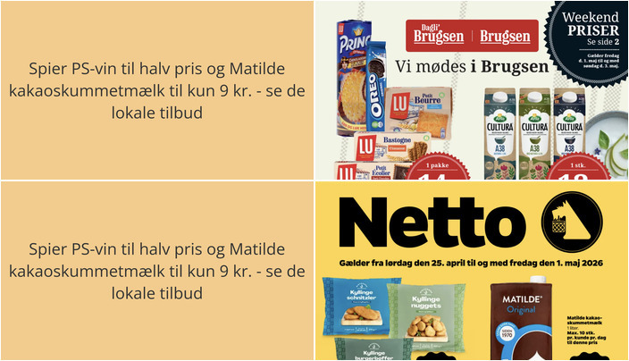 Spier PS-vin til halv pris og Matilde kakaoskummetmælk til kun 9 kr. - se de lokale tilbud