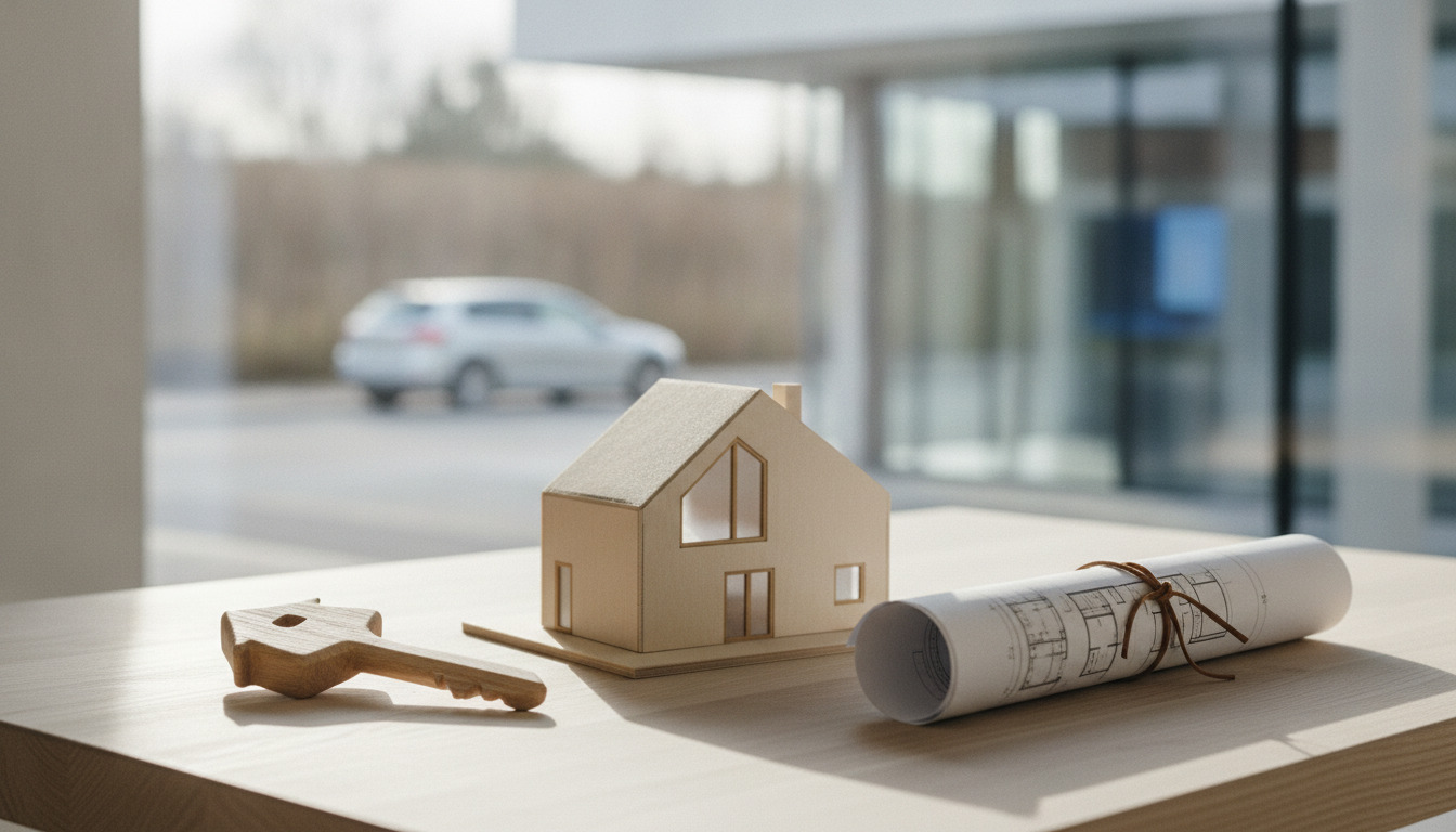 Nøgle, træhusmodel og arkitekttegninger på lyst bord med dagslys.