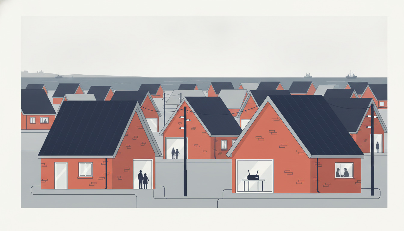 Blåvand kystbeboelsesgade med moderne rødstenshuse, mørke tage og digitale forbindelsessymboler: synlige routere, strømledninger og vejinfrastruktur, der repræsenterer fiberoptisk og 5G-netværk, med byens tage og Nordsøhorisonten i det fjerne.