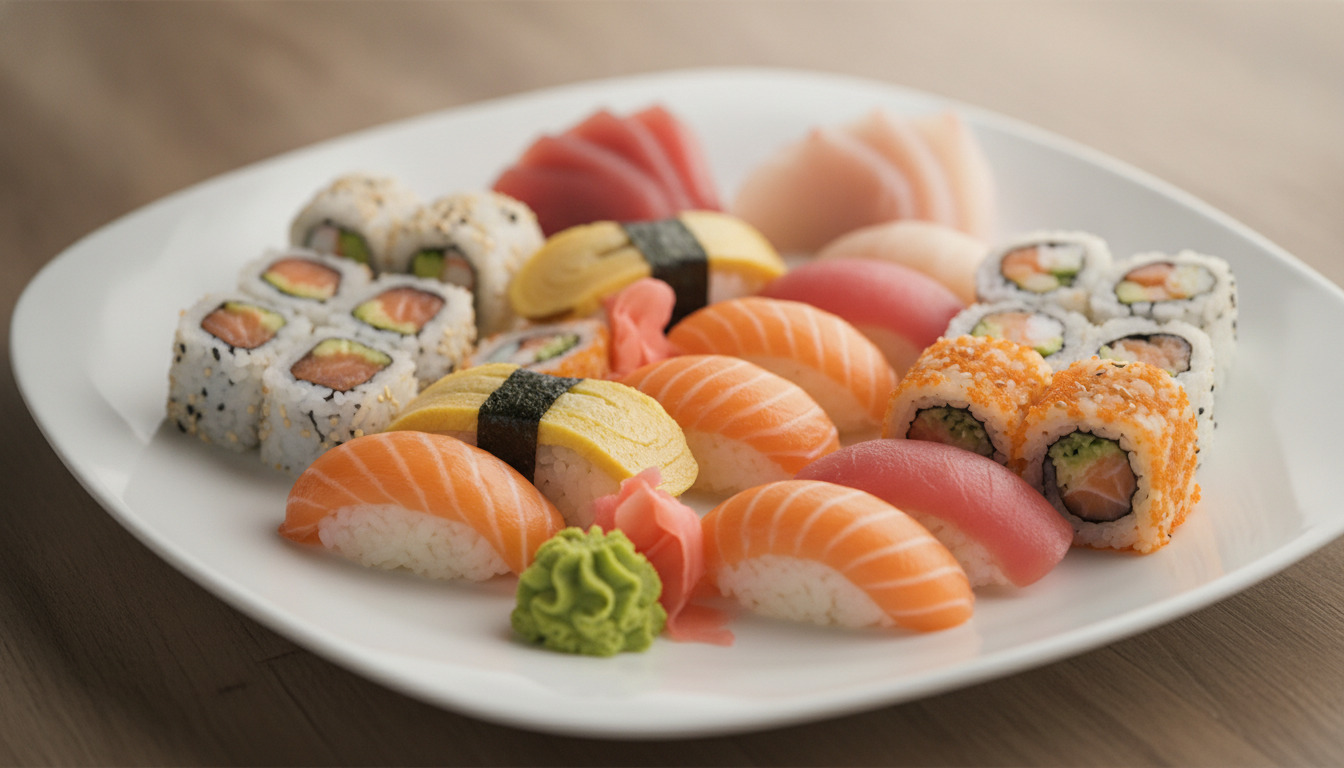 Kunstnerisk arrangeret sushibestik med nigiri, maki-ruller og sashimi på hvid keramiktallerken.