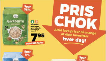 Grovvalsede havregryn til kun 7,95 kr. og fusilli pasta til 5,95 kr. hos Netto