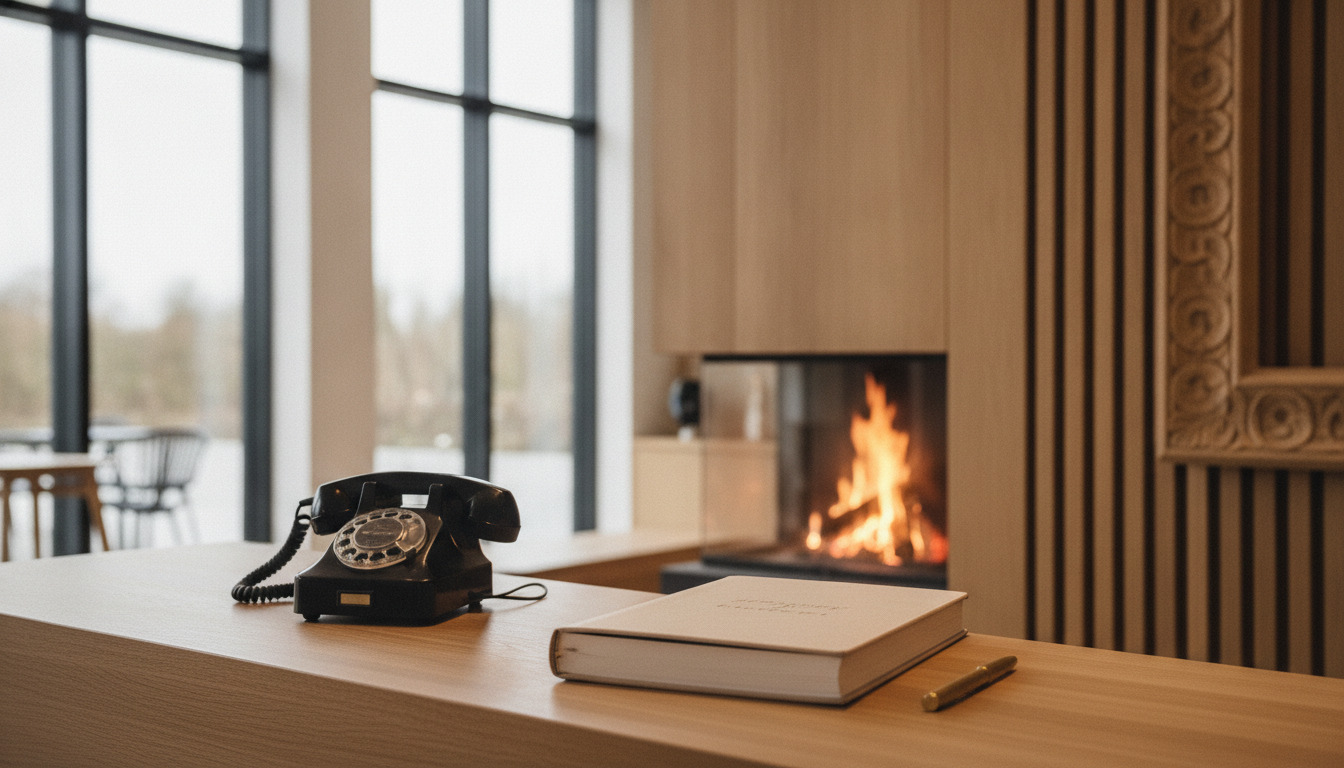 Nærbillede af receptionist-skrivebord med sort rotartelefon og læderindbundet gæstebog på lyst træ, med dæmpet flammeskær i baggrunden.