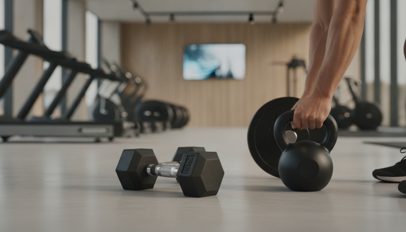 Hånd løfter sort kettlebell på træningsgulv med vægte i baggrund.