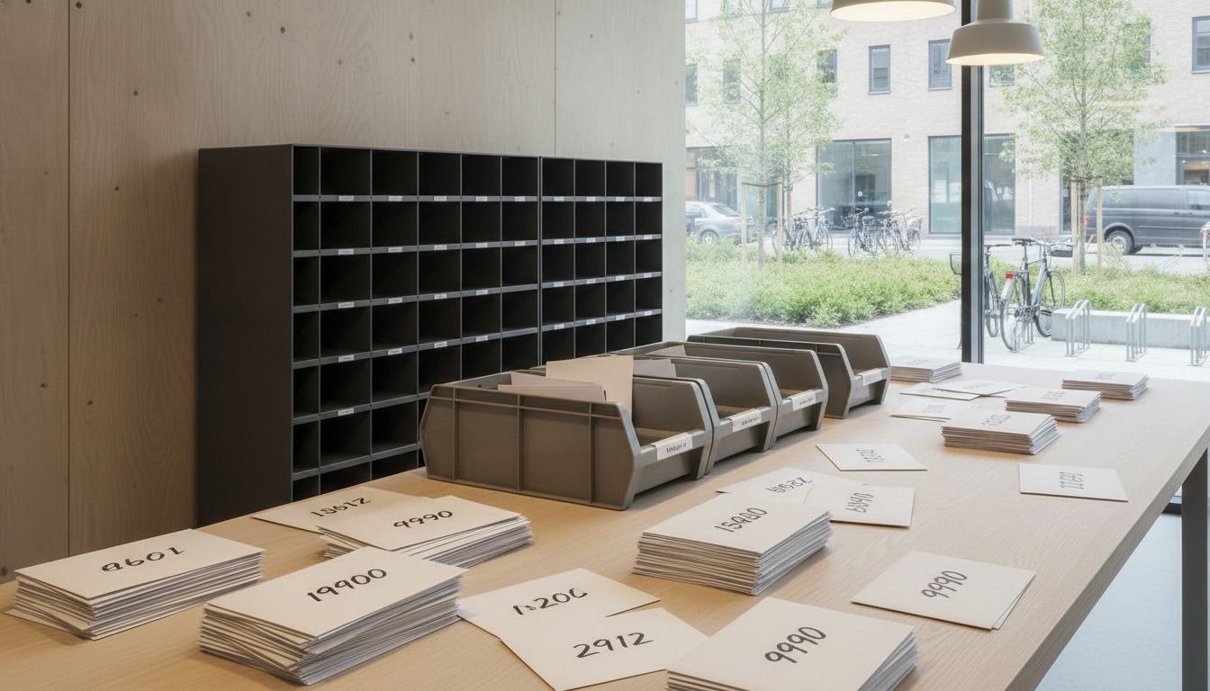 Postaliske borde med sortering af breve og kuverter i moderne posthus.