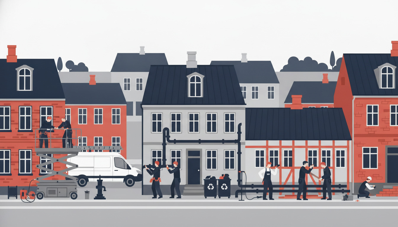 En stiliseret gatescene i Tønder, der viser forskellige praktiske servicefag—elektrikere, VVS-installatører, tømrere og bygningsarbejdere, der arbejder på og omkring røde mursten- og pastellfarvede bygninger. Genbrugsbeholdere, forsyningsinfrastruktur og servicekøretøjer befolker en travl gadesce, der repræsenterer lokale håndværkere og serviceudbydere.