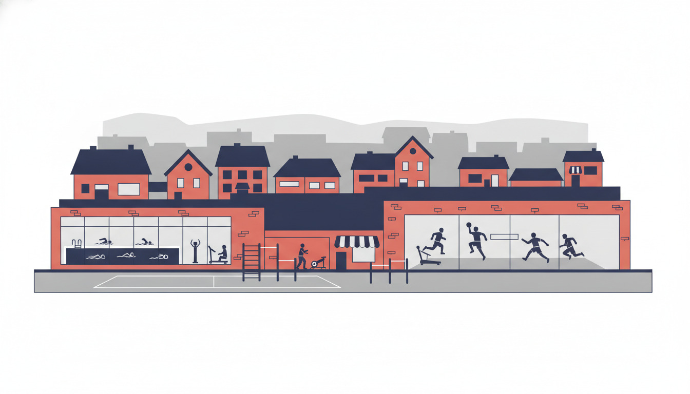 Flad vektorillustration af Skjerns idrætshal: et moderne rødt teglstens anlæg med store vinduer, hvor der ses håndboldspillere, svømmere og fitnessbrancher; boligfaciliteter ovenpå; udendørs bane med udstyr nedenunder.