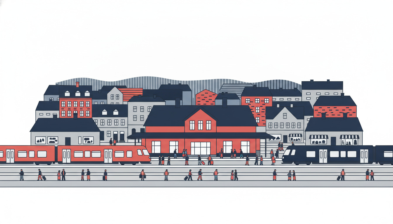 Hobro togstation med røde og mørke tog på perroner, travlt med passagerer og bagage, omgivet af farveflade byhuse og forretningsbygninger i flad-vektor stil.