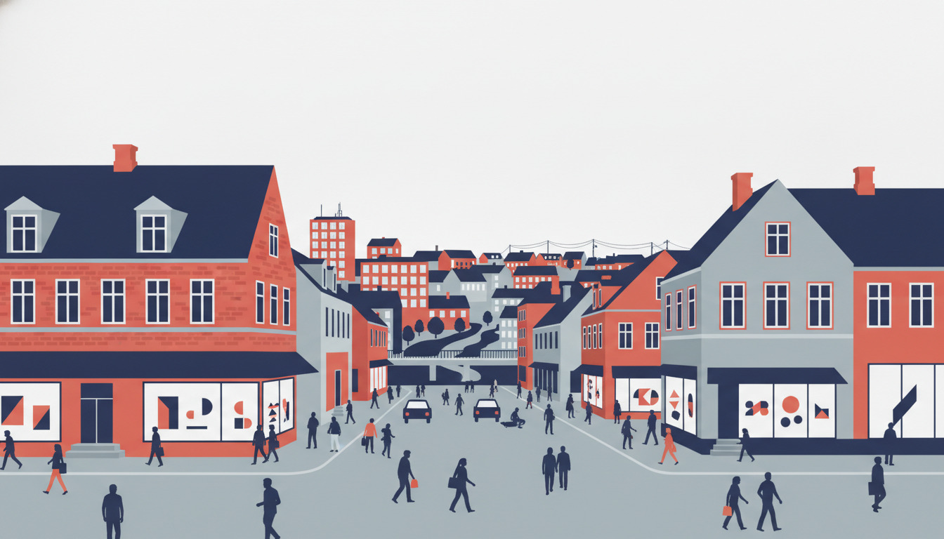 En levende flat-vector illustration af Randers bycentrum med røde mursten- og gråhuse, butiksfacader, travle fodgængere, parkerede biler og et blandet tag af boligbygninger under en bleg himmel, der fanger essensen af et dansk kommunalt bycentrum.
