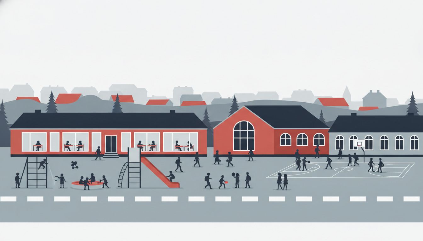 Fjerritslev folkeskole og gymnasium: moderne røde og mørkegrå bygninger med store vinduer, børn i klasseværelser og på legeplads med redekabale og basketballbaner, omgivet af træer.