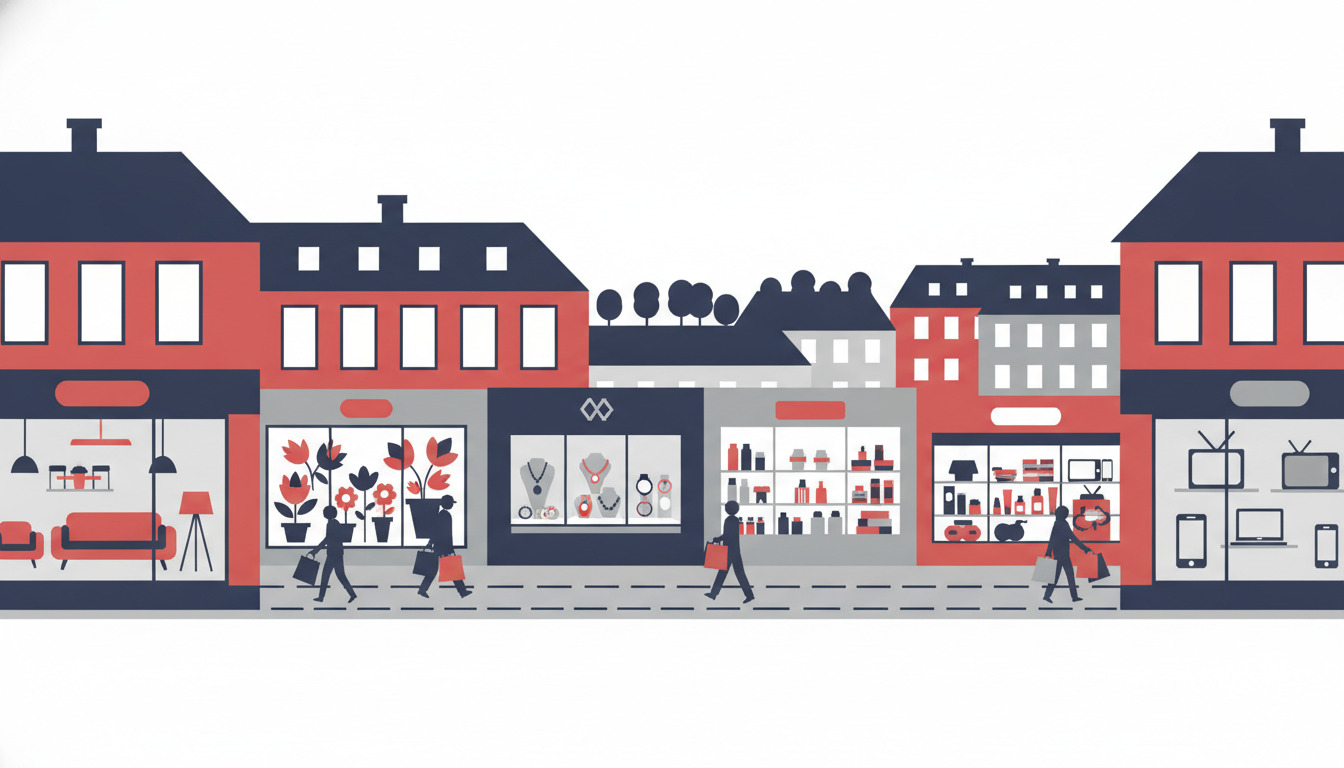 Albertslund Centrum indkøbsgade med forskellige butiksfacader: møbel- og interiørbutik, blomsterhandel, smykkebutik, skønheds- og kosmetikforretning og elektronikbutik langs en gågade med varieret arkitektur og boligtagkonstruktioner.