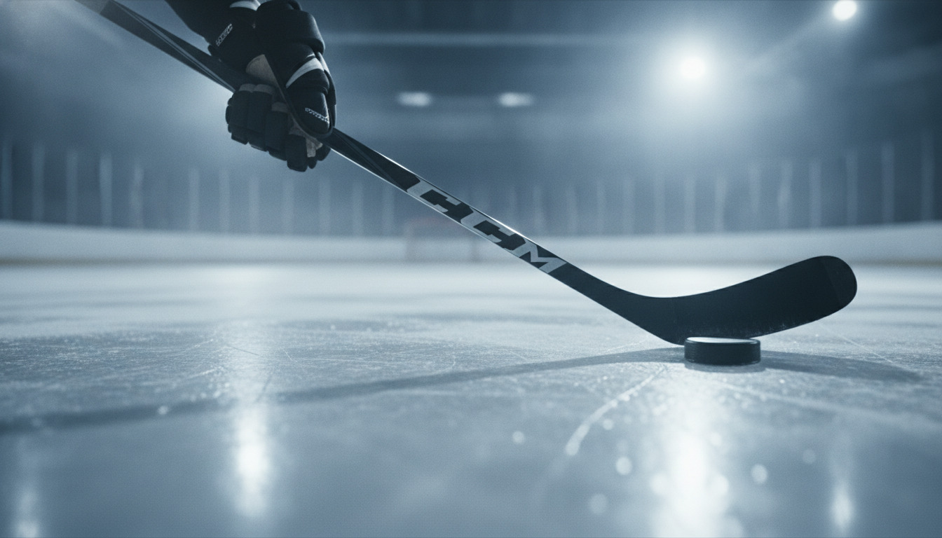 Tætning på ishockeystok og puck på isglat med spillerens handske synlig.