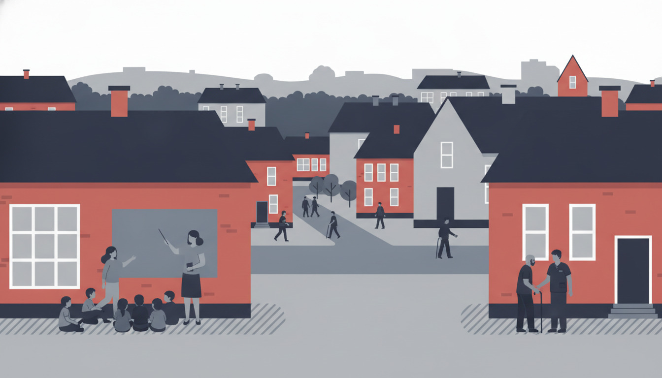 Farvefuld og mangfoldig arbejdsplads-scene i Haderslev med lærer og børn ved undervisning på venstre side og sundhedsfaglig arbejder med ældre person på højre side. Røde og hvide erhvervsbygninger samt moderne kommunal arkitektur i baggrund.