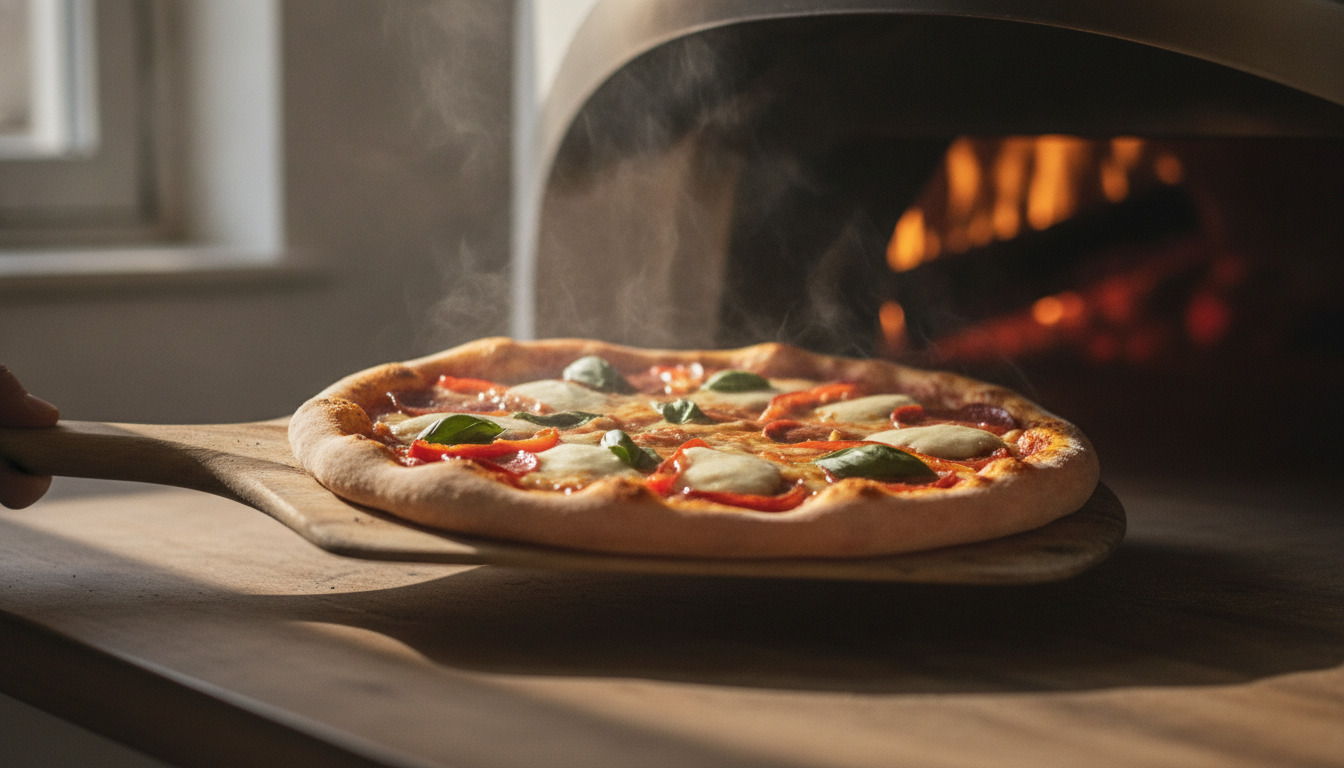 Friskbagt pizza på træpeel foran træbefyret ovn med synlige flammer og dampskyld.