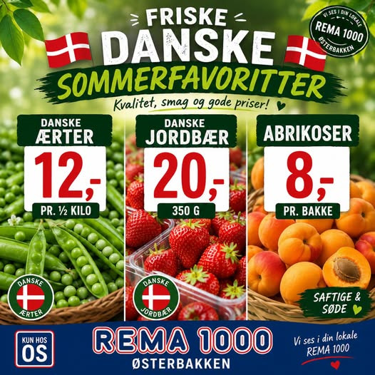 Rema 1000 Rosenkrantzgade tilbyder danske ærter, jordbær og abrikoser til skarpe priser
