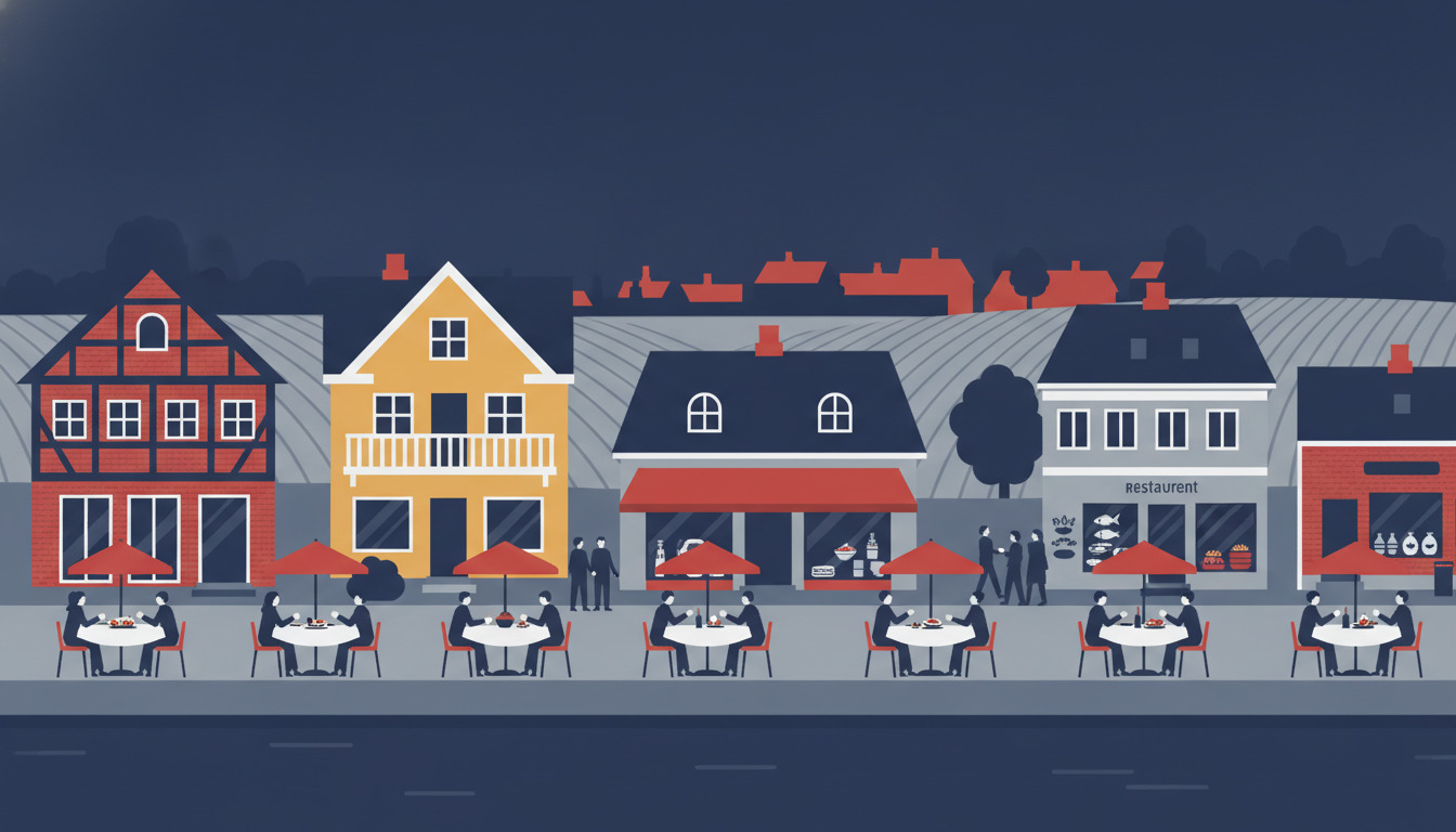 Livlig havnekantdining i Hornbæk med spisende gæster ved udebordet under røde parasotter, historiske bindingsværksbygninger og gule villabygninger med restauranter langs havnen.
