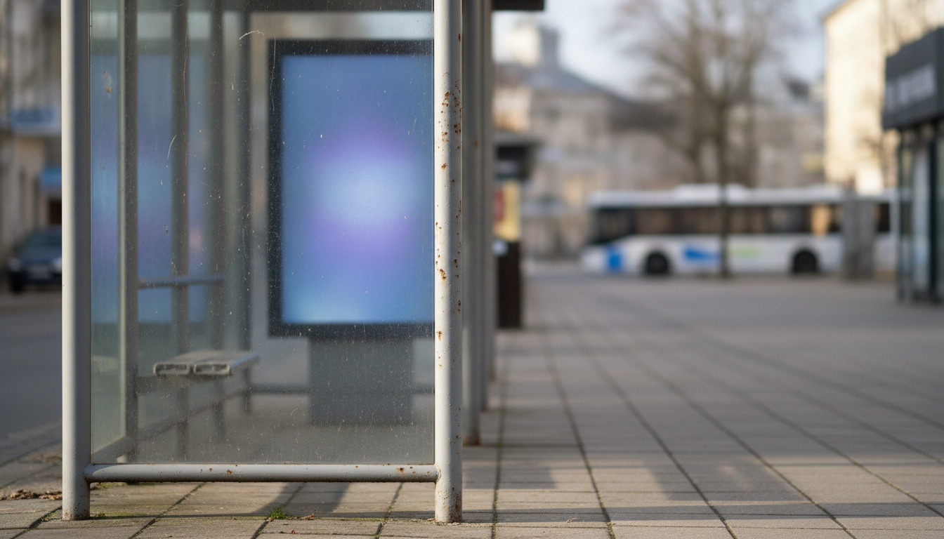 Nærbillede af busstoppested med glasafdeling og metalramme, morgensolskær og slidt finish.