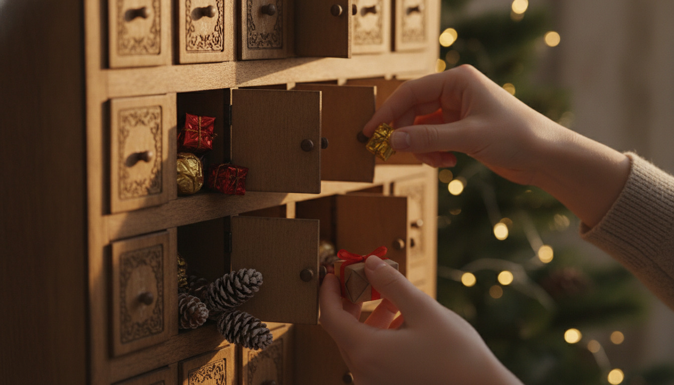 Hånd åbner lille dør på en dekorativ træ-adventskalender og tager en indpakket gave ud.