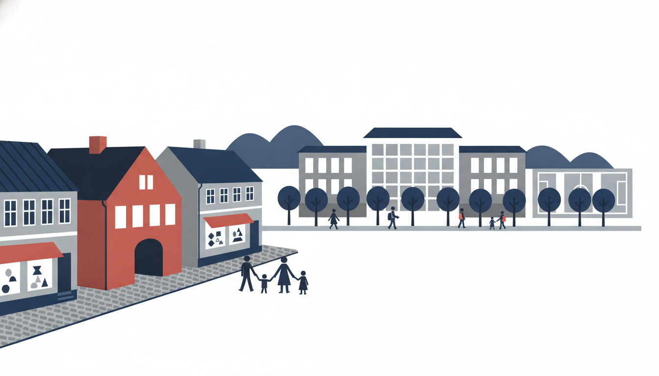 Farverig skandinavisk gadescene i Ærøskøbing med et varmt rødt mursten-skolehus blandt traditionelle byhuse i forgrunden, en større moderne skolebygning i baggrunden, træbeplantset torg og familier med børn.