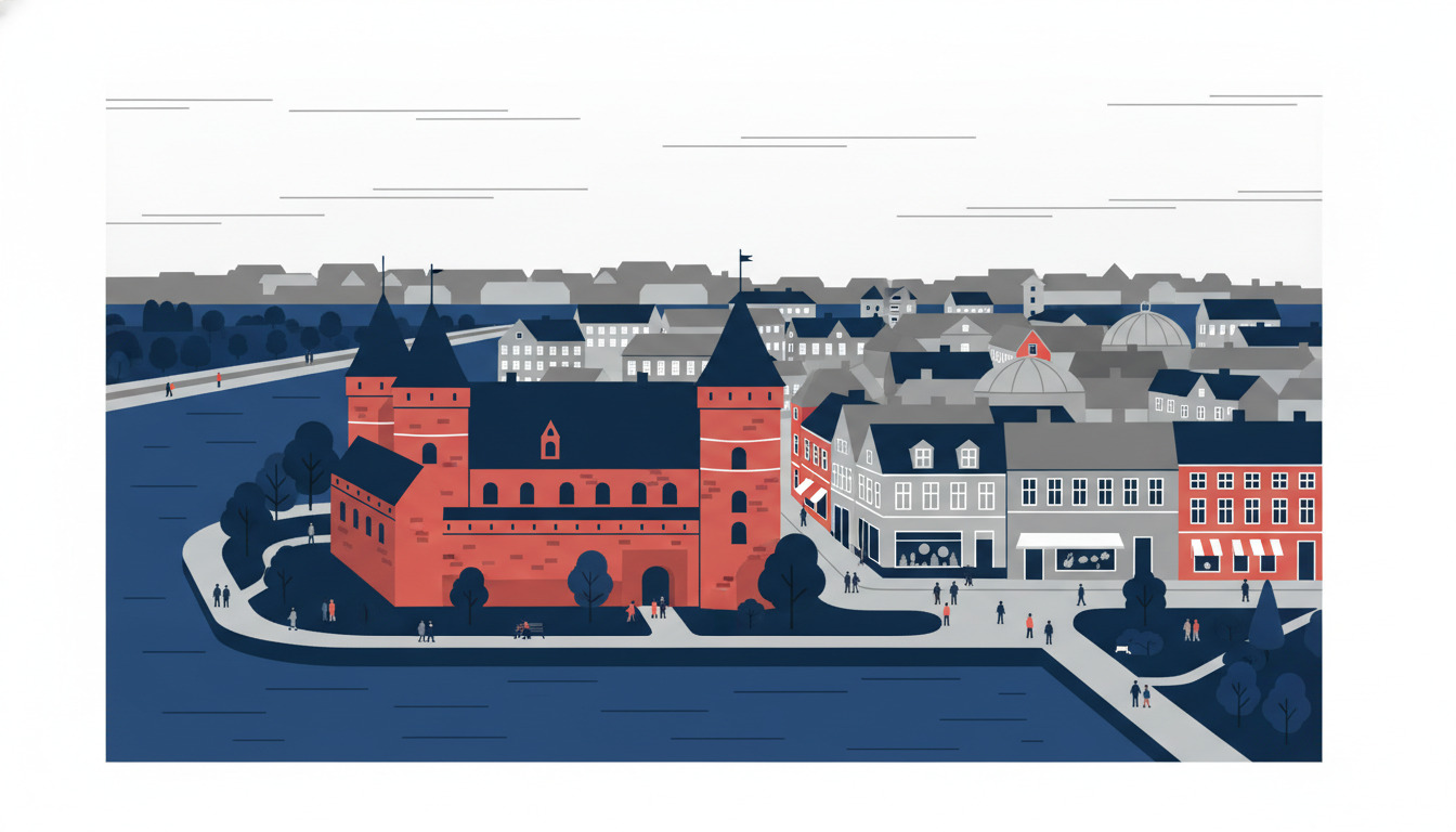 Flat-vector illustration of Sønderborg's waterfront with Sønderborg Slot prominently featured as a red fortress with distinctive towers overlooking Alssund, surrounded by historic townscape, trees, and visitors along coastal paths.