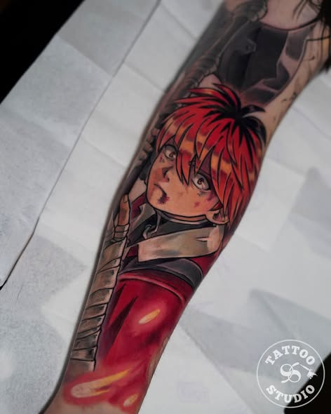 Tattoo Studio 96 Aarhus viser farverigt anime-tattoo udført af Bar
