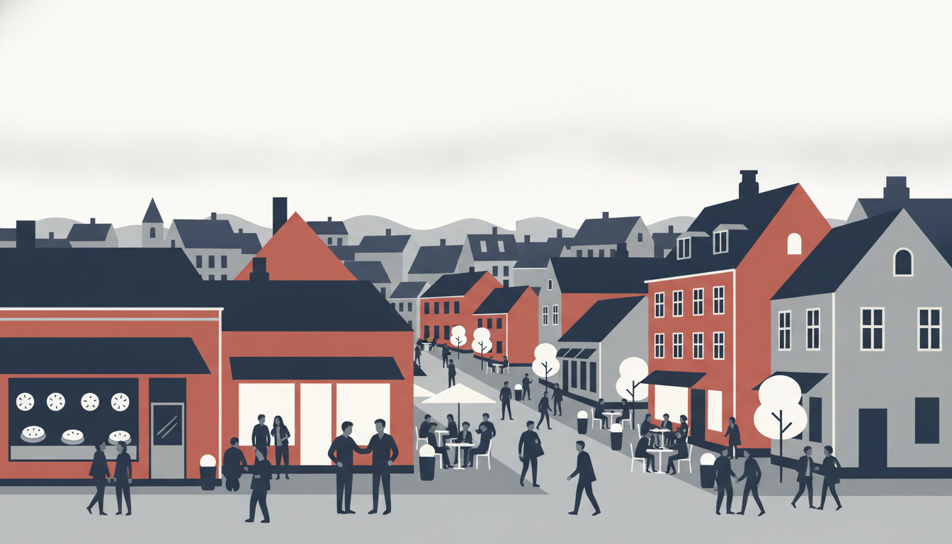 Farverig gadelivs scene i Viborgs bymidte med restauranter, bakeri med store vinduer, pizzeriaer og spisesteder. Mennesker spiser og går omkring på fodgængerzone omgivet af byarkitektur.