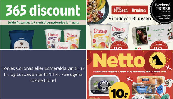 Torres Coronas eller Esmeralda vin til 37 kr. og Lurpak smør til 14 kr. - se ugens lokale tilbud