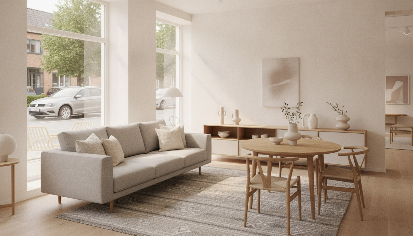 Lyst indrettet nordisk stue med grå sofa, træbord og naturlige materialer i bløde toner.