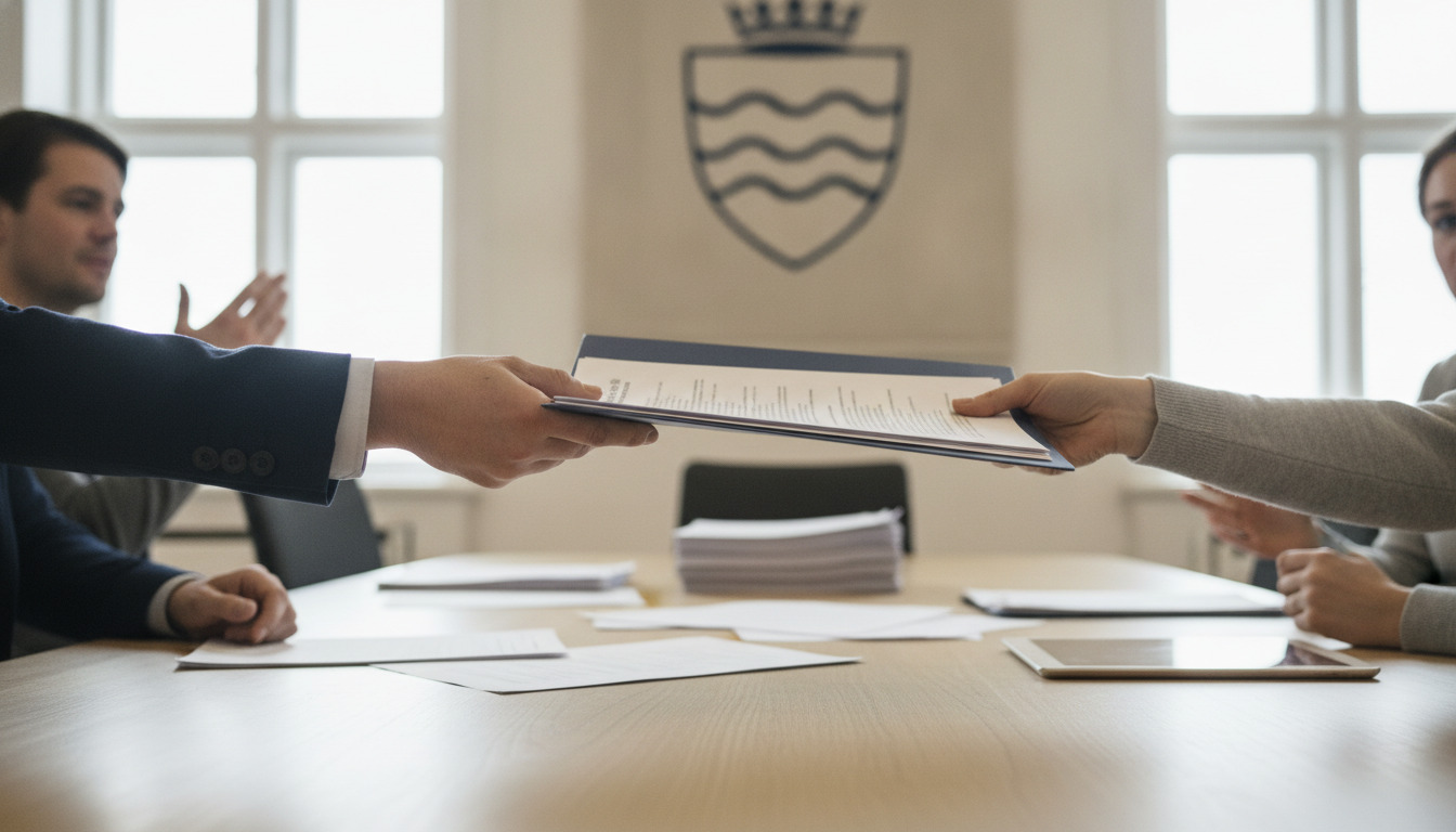 Nærbillede af hænder, der udveksler dokumenter på et mødelord på et kontorskrivebord med papirer i daylys.