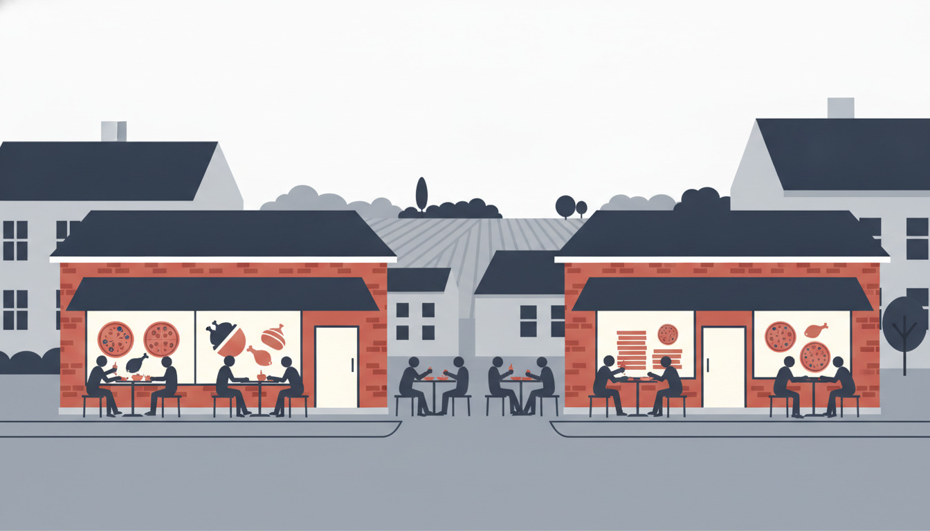 Flad vektorillustration af to rødt-mursten pizzeria-butiksfronter i Hornsyld med varme interiører, spisende gæster ved borde, pizza og grillmad synlig i vinduer, flankeret af boligbygninger under en lys himmel.