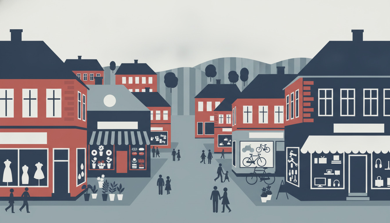 Galtens bymidte med butiksområde på gågaden med røde og mørke facader, herunder tøjbutik, blomsterbutik, bagerbutik, cykelbutik og elektronikforretning, med gående på gågaden omgivet af périoderigtige danske bygninger.