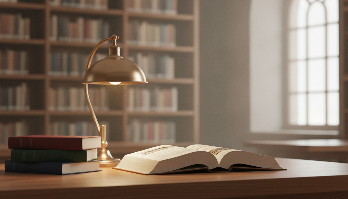Åbent bog med stak af bøger og messinglampe på biblioteksbord med naturligt lys.