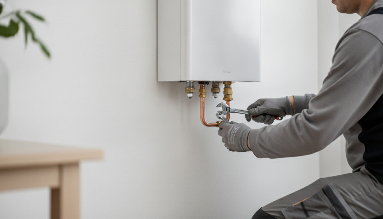 Tekniker arbejder på installation af væg-monteret varmepumpe med kobberrør og værktøj på hvid væg.