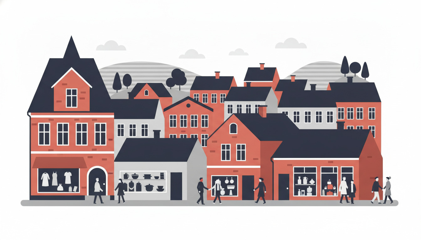 Lebendige Einkaufsstraße in Hadsten mit farbenfrohen Geschäften, Schaufenstern mit Kleidung und Haushaltsware, Fußgängern und charakteristischer dänischer Provinzarchitektur mit roten Backsteinfassaden und dunklen Dächern.
