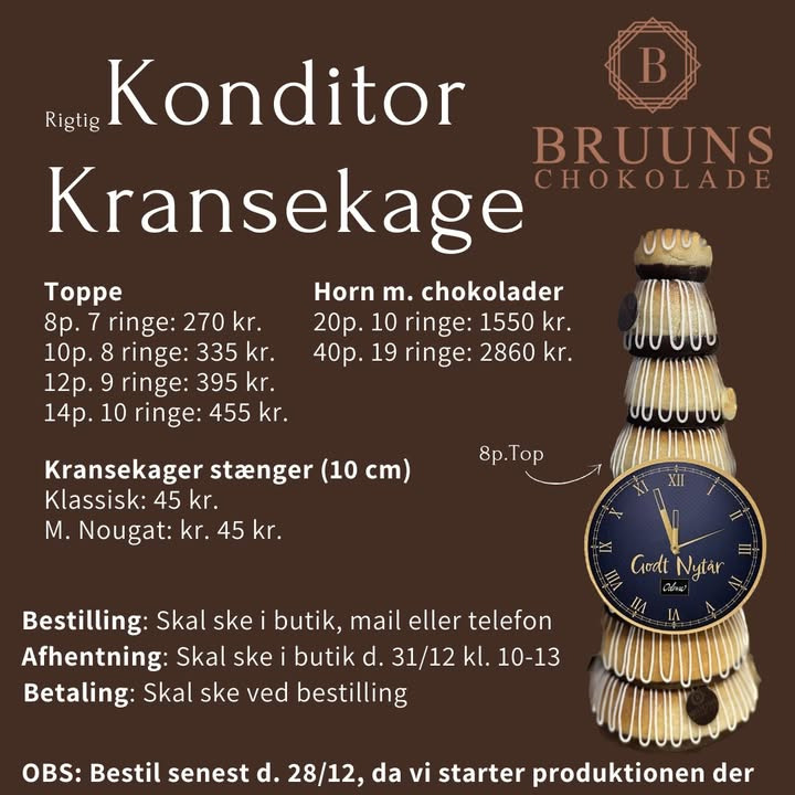 Bruuns Chokolade tilbyder kransekage og nytårsdesserter til bestilling