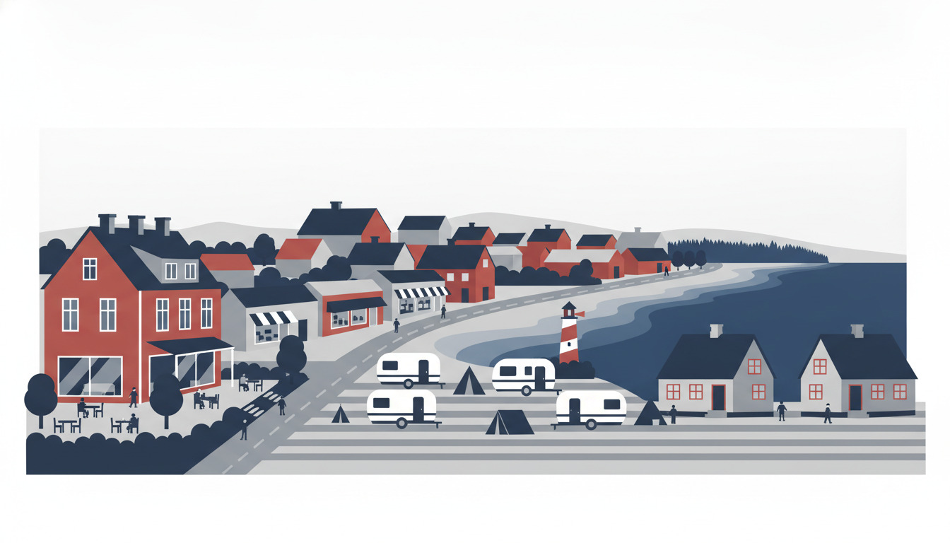 Illustration af kystbyen Fjerritslev viser en velkommen overnatningsscene med et hyggelig rødt hotel med terrashave på venstre side, campingplads med hvide caravaner nær kysten, traditionelle danske bygninger, et rødt-og-hvidt fyrtårn og Nordsøkystens landskab i baggrunden.