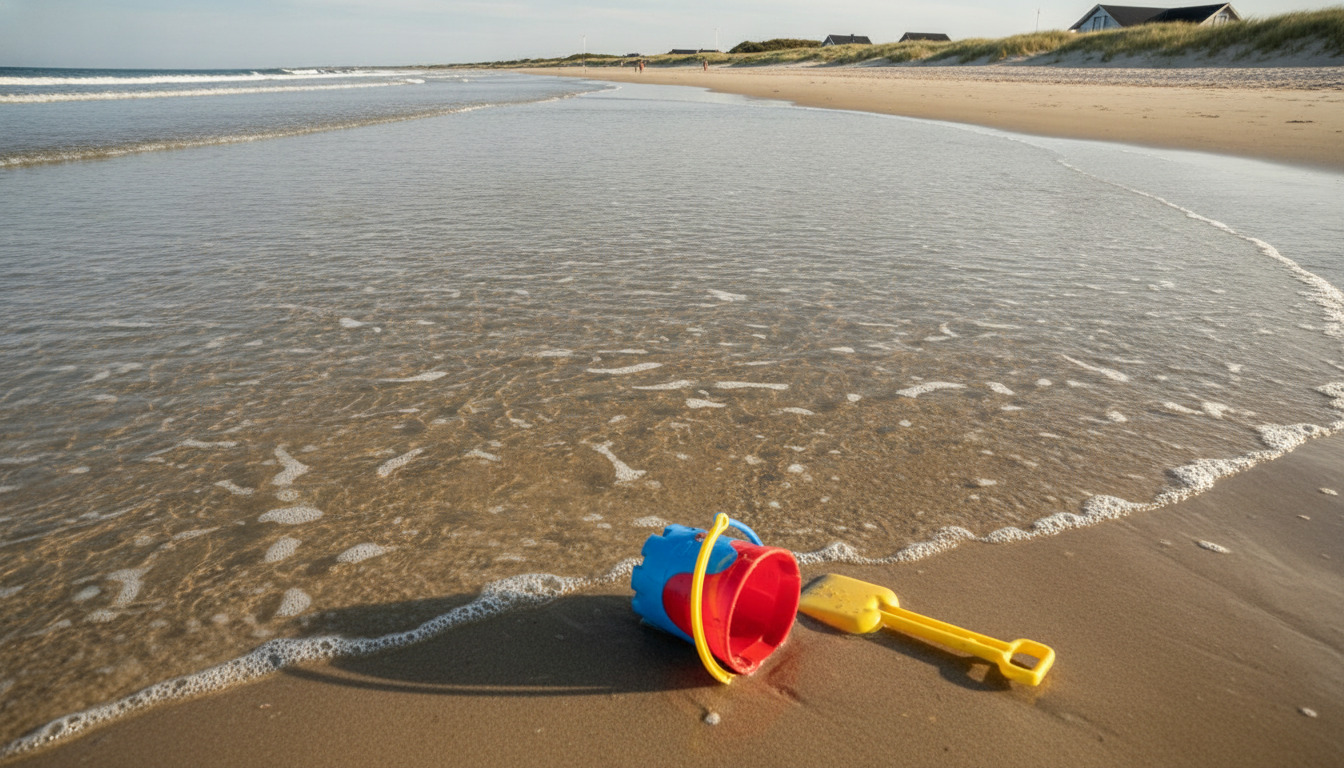Farvede børnelegetøj — blå og rød spand samt gul skovl — ligger i vådt sand ved bølgekanten på en strand.