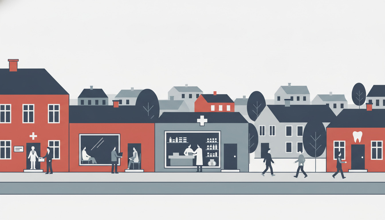 Fladt vektorillustration af en dansk bystræde med sundhedsfaciliteter, bestående af en rød medicinsk klinik, et gråt apotek med synlige hylder, en tandlægepraksis, boligbygninger, træer og personer, der bevæger sig mellem faciliteterne.
