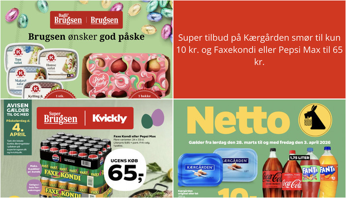 Super tilbud på Kærgården smør til kun 10 kr. og Faxekondi eller Pepsi Max til 65 kr.