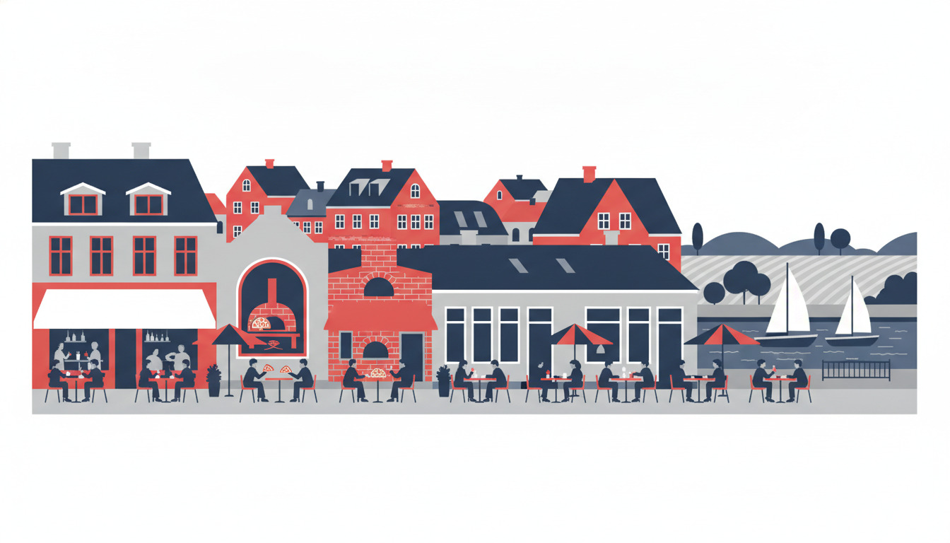 Livlig havneside-spiseoplevelse i Svendborg med rødt mursten-pizzeria, moderne restauranter, outdoor caféplaceringer, sejlbåde og fodgængere, der nyder waterfront-spisning.