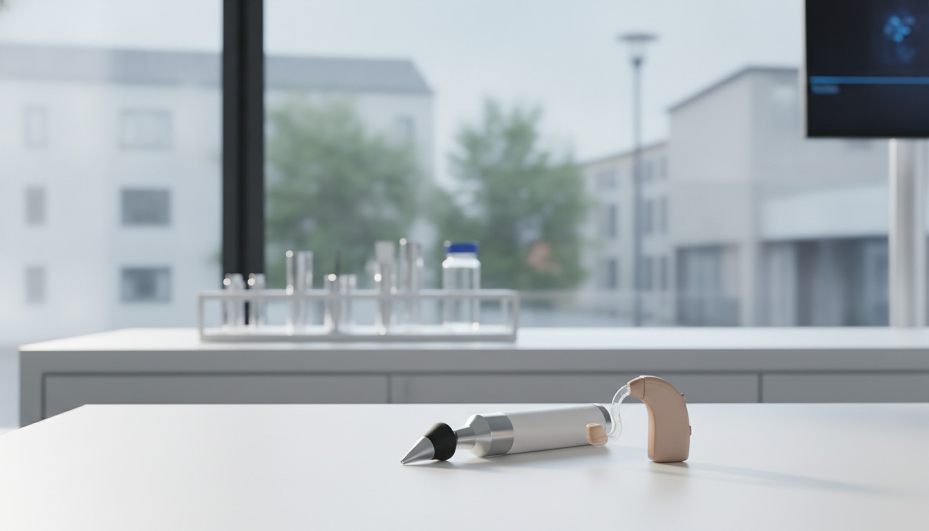 Høreapparat og otoskop på hvid medicinsk undersøgelsesplade med blød dagslys.