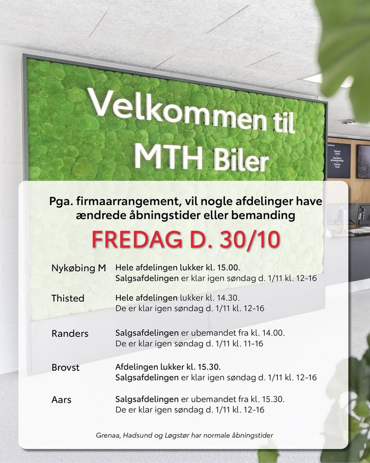 MTH Biler har ændrede åbningstider på fredag