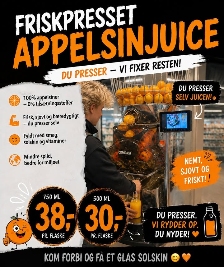 Meny Als inviterer til friskpresset appelsinjuice presset mens du venter