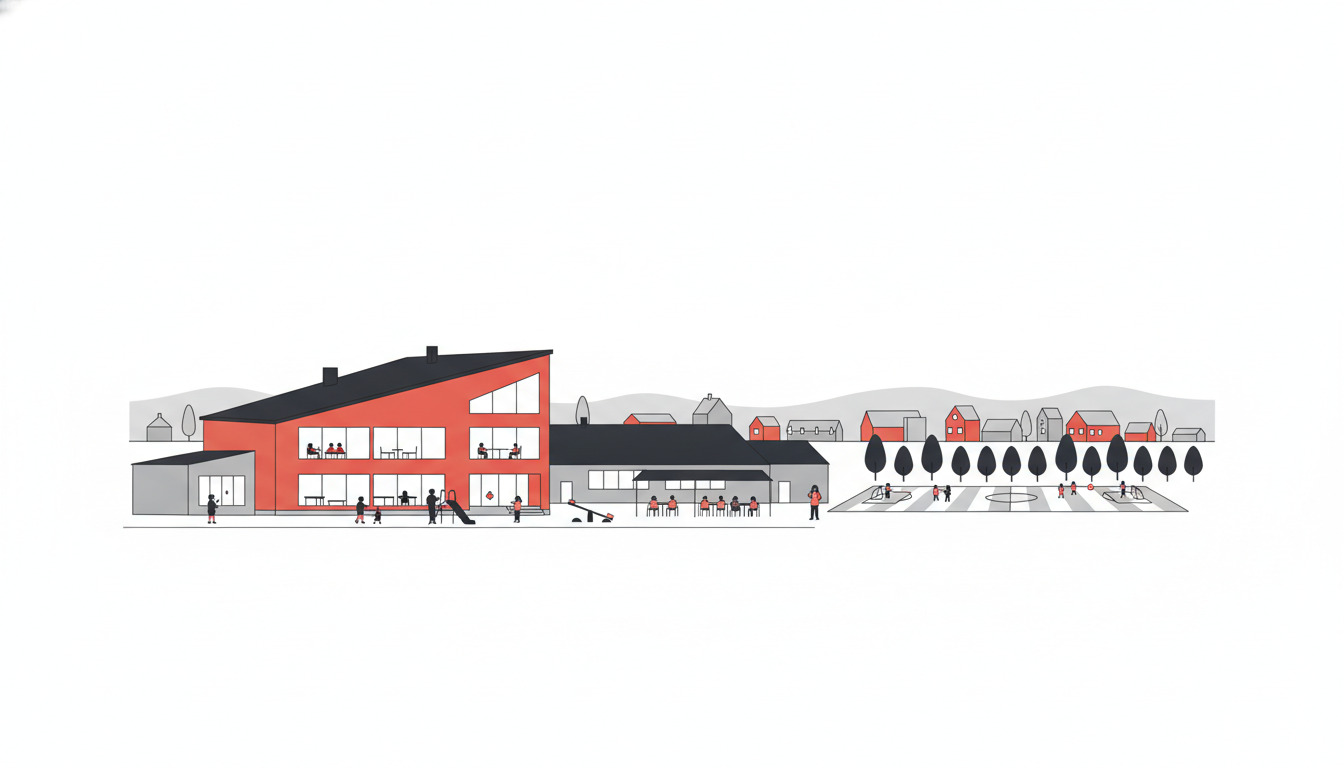 Moderne dansk folkeskole med markant rød facade, store klasseromsvindue og sort tag, omgivet af børn og pædagoger på en udendørs skolegård. Traditionelt Jyderup-bylandskab med røde murstenshuse og saddeltage synligt bag ved.