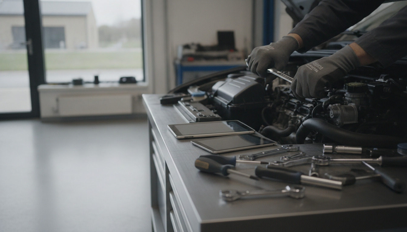 Mekanikerhænder i arbejdshandsker arbejder med værktøj og bilmotor på værkstedsbænk.